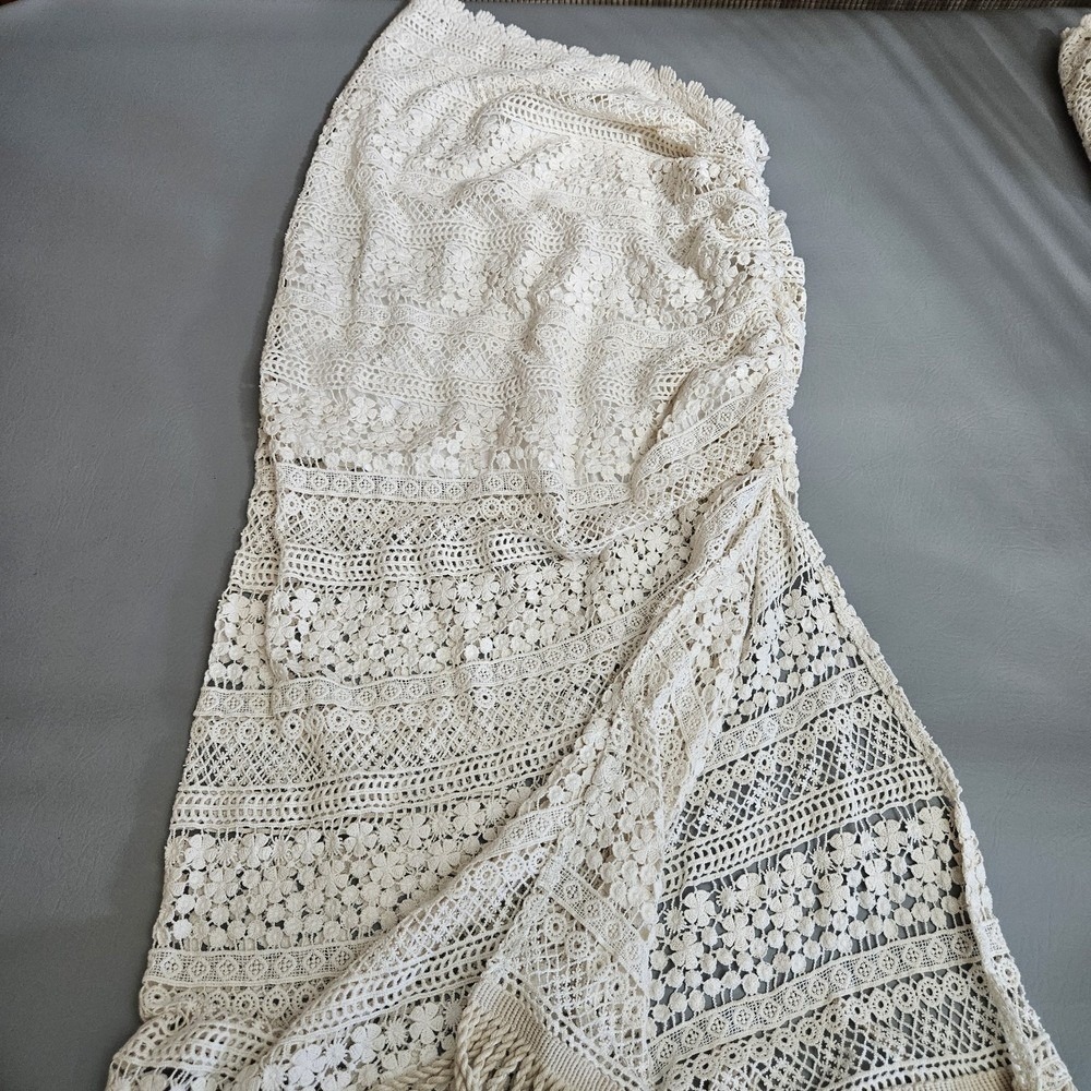 Just Bee Queen Ivory Crochet Lace 2-Piece Set Bandeau Top & Fringed Maxi Skirt M - Picture 12 of 14
